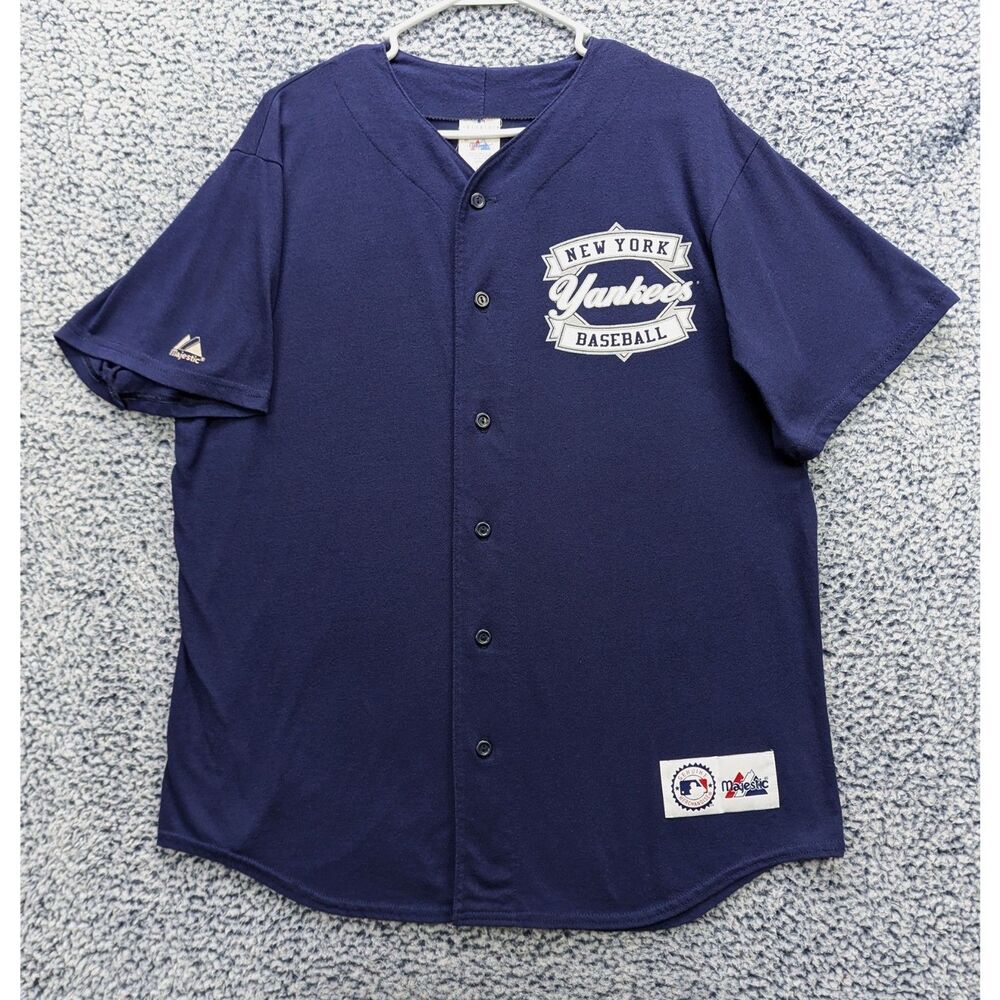 VTG 90's New York Yankees Majestic Cotton MLB Jersey Size LG Spellout Logo Blue